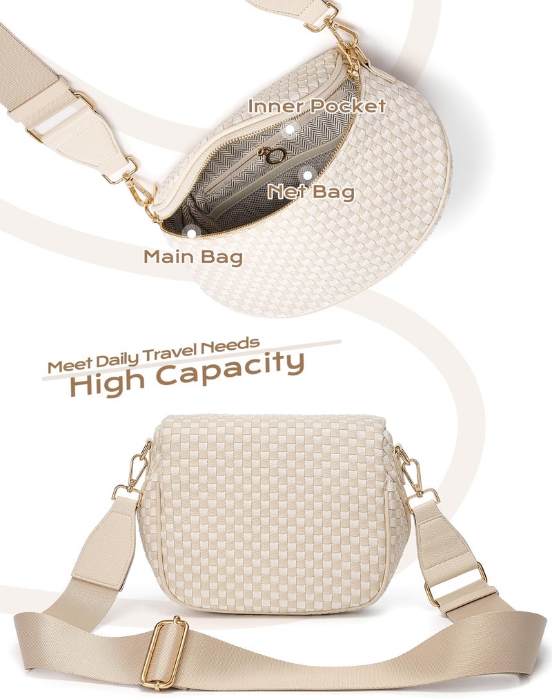 MEISEY Trendy Woven Checkered Crossbody Bum Bag for Womenï¼ŒPU Leather Checkered Purse Fanny Packs Belt Bag (Woven Bum Bag - Beige White) - Image 4