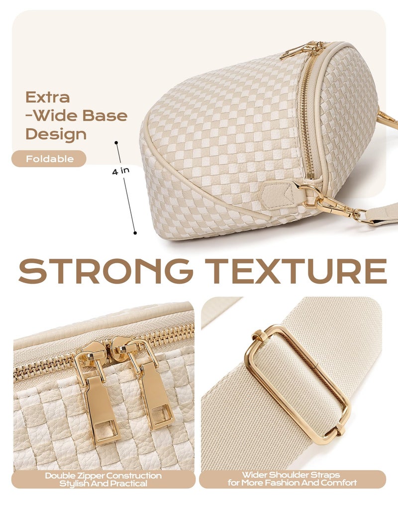 MEISEY Trendy Woven Checkered Crossbody Bum Bag for Womenï¼ŒPU Leather Checkered Purse Fanny Packs Belt Bag (Woven Bum Bag - Beige White) - Image 5