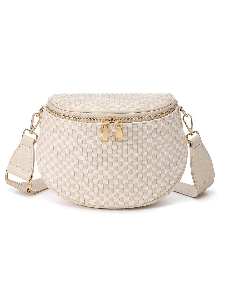 MEISEY Trendy Woven Checkered Crossbody Bum Bag for Womenï¼ŒPU Leather Checkered Purse Fanny Packs Belt Bag (Woven Bum Bag - Beige White) - Image 1