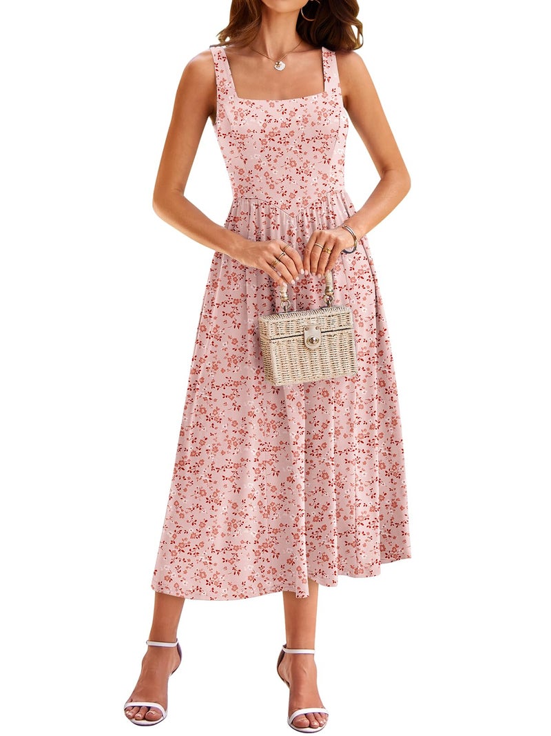 YATHON Midi Summer Dresses for Wedding Guest Pink Hawaiian Flowy Beach Vacation Dress with Pockets Tropical Sundress (YT638-Pink W Floral 03,XL) - Image 1