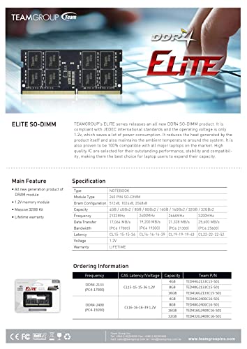 TEAMGROUP Elite DDR4 16GB Kit (2 x 8GB) 2666MHz PC4-21300 CL19 Unbuffered Non-ECC 1.2V SODIMM 260-Pin Laptop Notebook PC Computer Memory Module Ram Upgrade - TED416G2666C19DC-S01 - Image 5