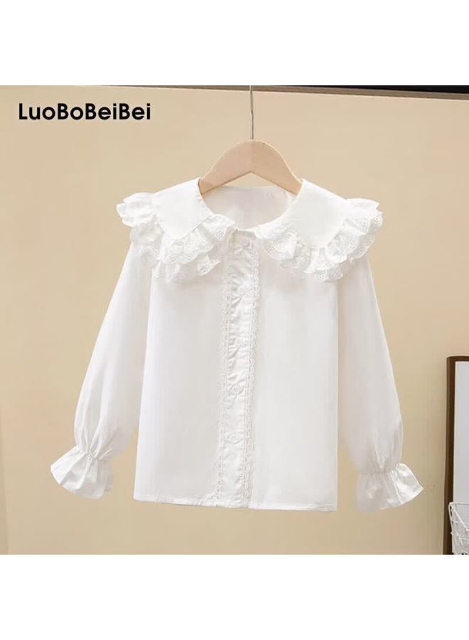 Luobobeibei Girls' Doll Collar Long Sleeve Shirt Autumn School Style White 150 - Image 1