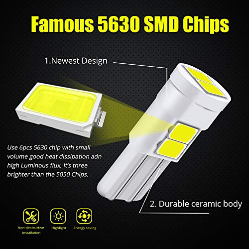 YEERON Interior Exterior Lighting Ceramics T10 LED Light Super Bright 6x5630SMD Chips 168 194 2825 W5W LED Bulbs for Side Marker Door Wedge lights,White 6000K.10-Pack. - Image 3