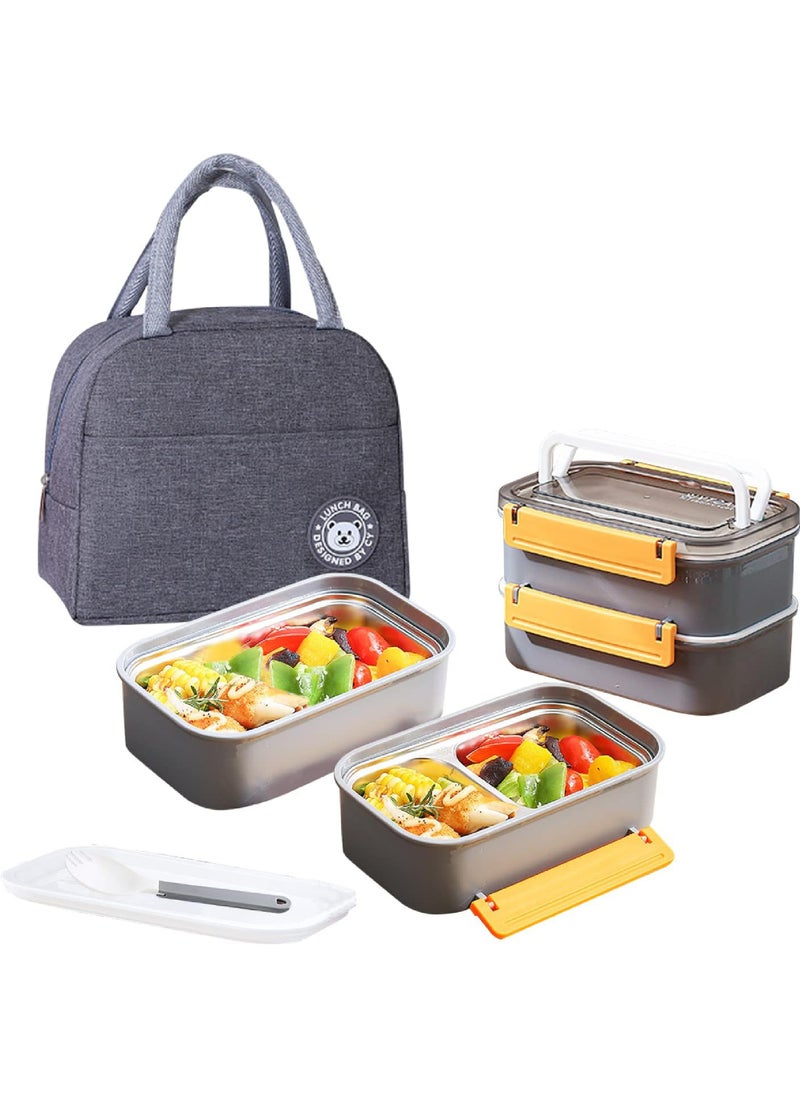 Rock Pow Stainless Steel Lunch Box - Insulated Bento Box Multifunctional Containers Food Containers with 2 Compartments,Tableware, Nylon insulation bag (1.6L Grey)  - Image 1