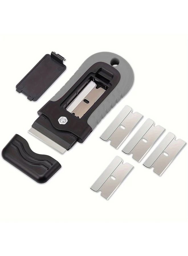 1 Set 5pcs Gray Stainless Steel Locking Razor Blade Scraper with Safety Cap for Glass Cooktops - Image 1