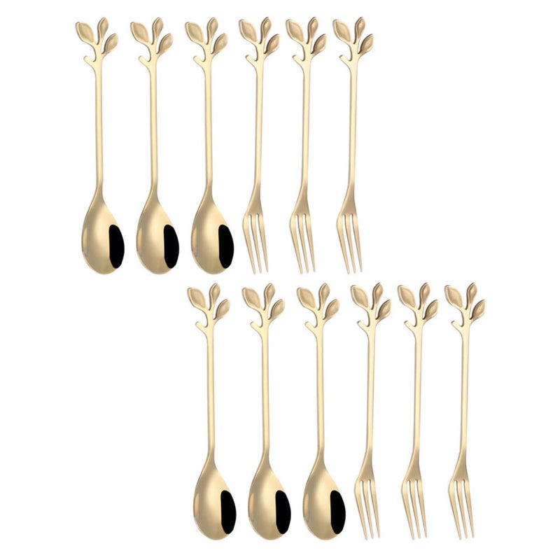 12Pcs Gold Leaf Stainless Steel Dessert Spoons and Forks Set for Dining Entertaining - Image 2