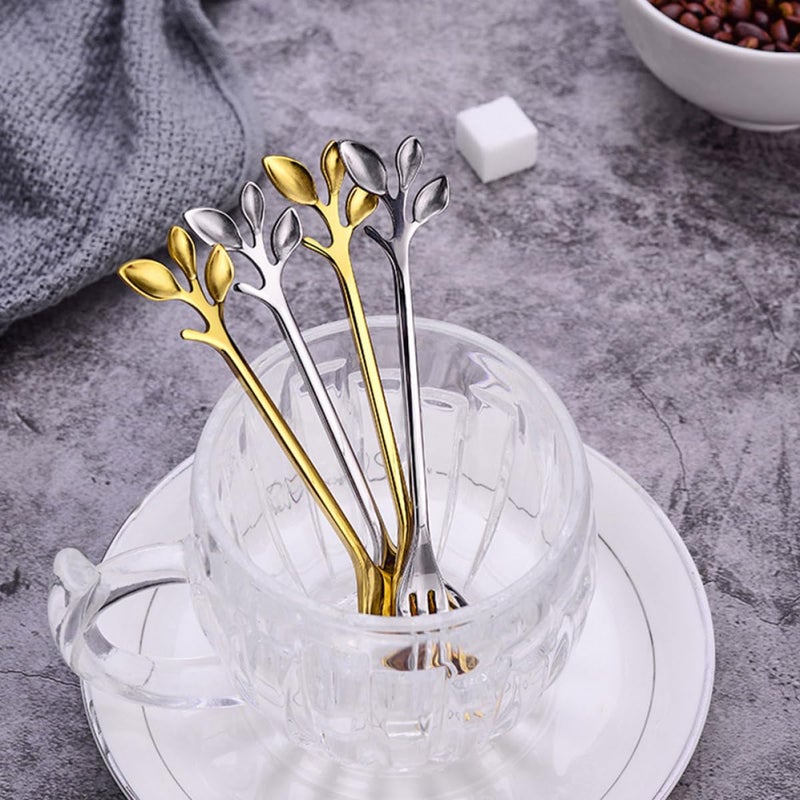 12Pcs Gold Leaf Stainless Steel Dessert Spoons and Forks Set for Dining Entertaining - Image 4