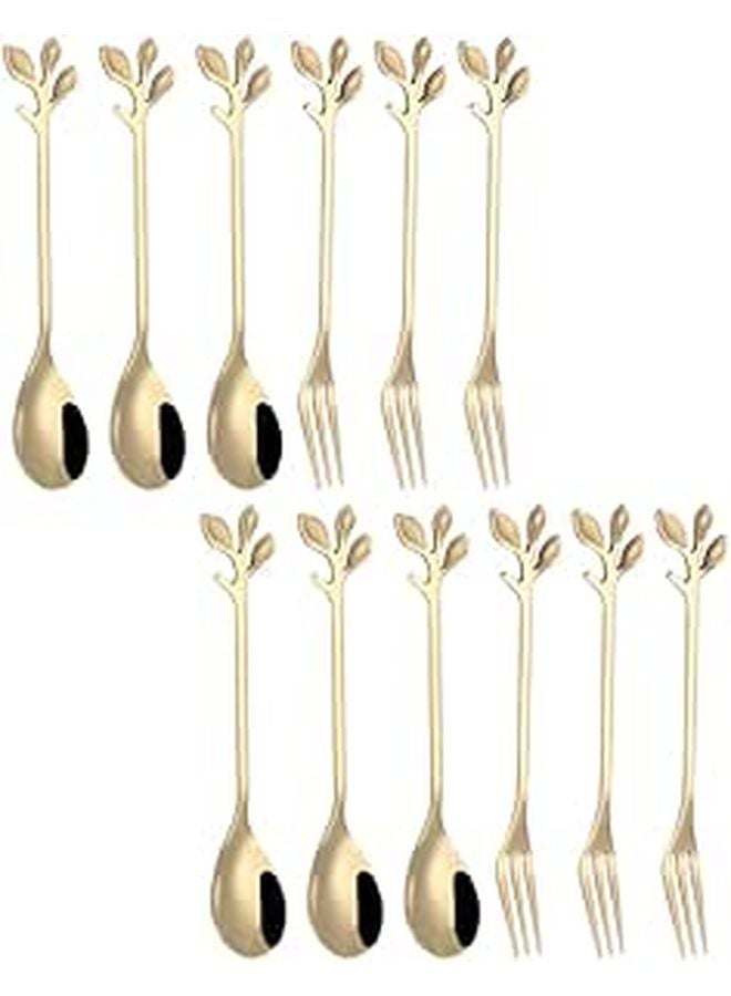 12Pcs Gold Leaf Stainless Steel Dessert Spoons and Forks Set for Dining Entertaining - Image 1