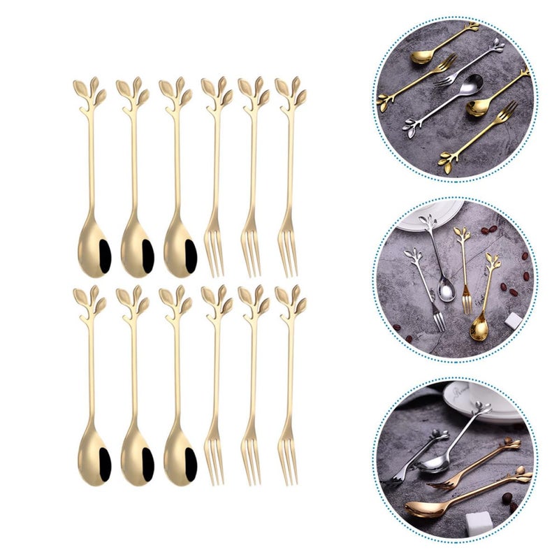 12Pcs Gold Leaf Stainless Steel Dessert Spoons and Forks Set for Dining Entertaining - Image 5