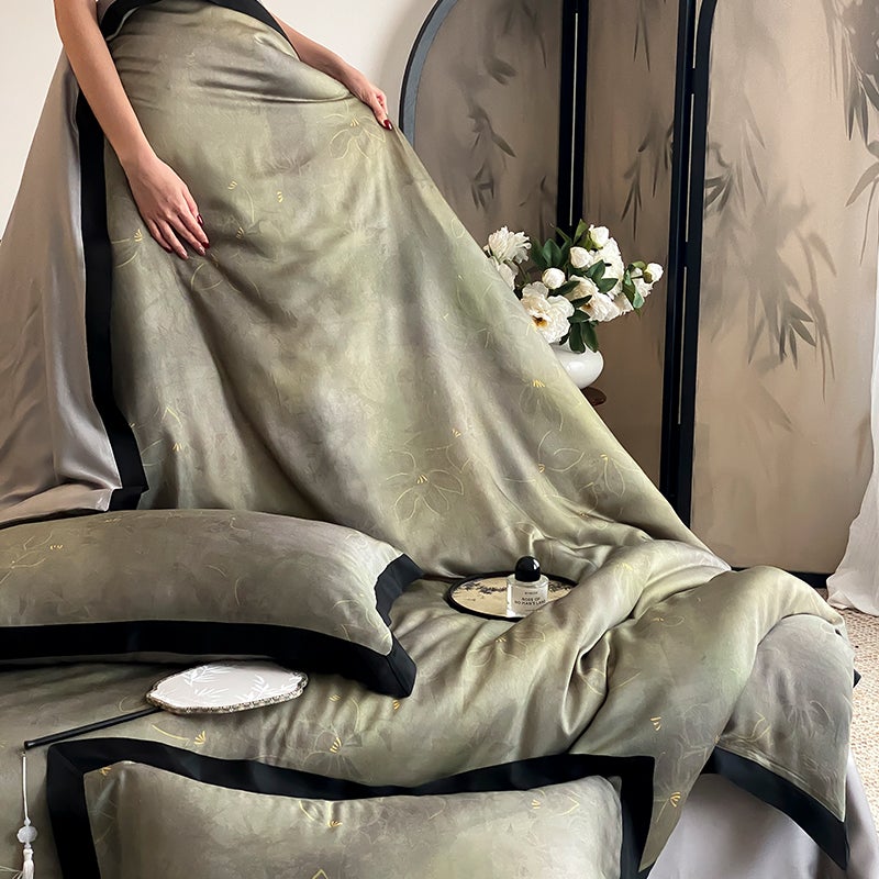 Luxury 100-Thread Count Tencel Lyocell Bedding Set - Cooling Ice Silk Duvet Cover & Fitted Sheet - Modern Floral Print for 1.5m Bed - Image 3