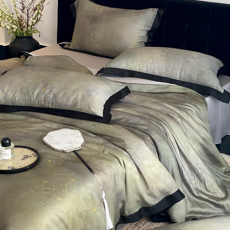Luxury 100-Thread Count Tencel Lyocell Bedding Set - Cooling Ice Silk Duvet Cover & Fitted Sheet - Modern Floral Print for 1.5m Bed - Image 2