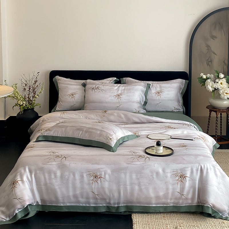 Luxury 100-Thread Count Tencel Lyocell Bedding Set - Cooling Ice Silk Duvet Cover & Fitted Sheet - Modern Floral Print for 1.5m Bed - Image 1