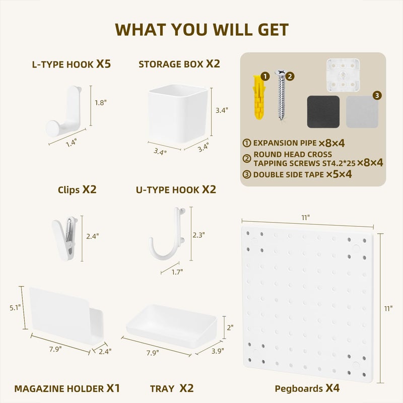 VUSIGN Peg Board Combination Kit, 22"x22" Pegboards and Accessories for Wall Organization with Two Installation Modes, Pegboard Wall Organizer for Office, Home, Desk,White Peg Board - Image 5