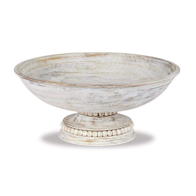 Mud Pie Beaded Wood Pedestal Bowl White 6 x 14 dia
