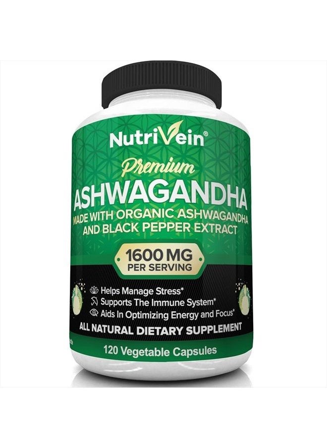 Nutrivein - Organic Ashwagandha Capsules 1600mg with Black Pepper Extract - 120 Vegan Pills - 100% Pure Root Powder Supplement - Supports Stress Relief, Immune, Energy, Stamina & Mood - Image 1