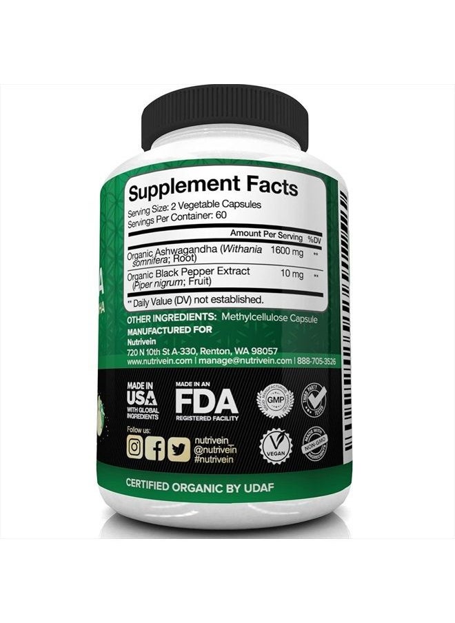 Nutrivein - Organic Ashwagandha Capsules 1600mg with Black Pepper Extract - 120 Vegan Pills - 100% Pure Root Powder Supplement - Supports Stress Relief, Immune, Energy, Stamina & Mood - Image 1