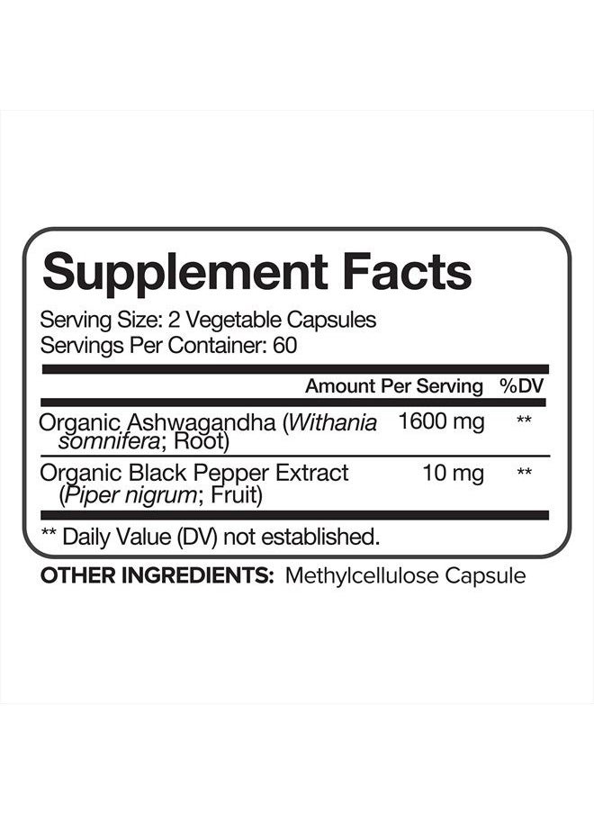 Nutrivein - Organic Ashwagandha Capsules 1600mg with Black Pepper Extract - 120 Vegan Pills - 100% Pure Root Powder Supplement - Supports Stress Relief, Immune, Energy, Stamina & Mood - Image 1