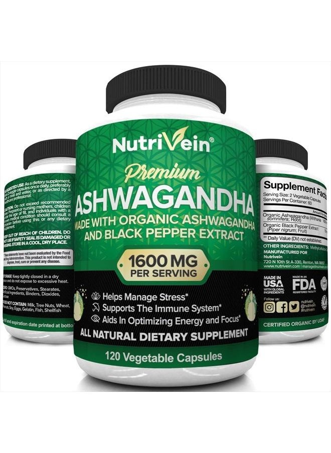 Nutrivein - Organic Ashwagandha Capsules 1600mg with Black Pepper Extract - 120 Vegan Pills - 100% Pure Root Powder Supplement - Supports Stress Relief, Immune, Energy, Stamina & Mood - Image 1
