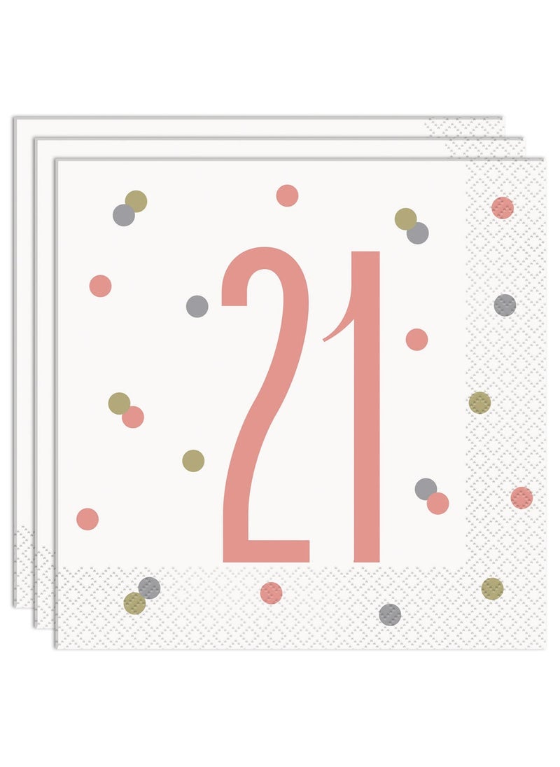 Unique 21 Years Birthday Napkins White Pink Milestone Celebration 33cm 16-Pack