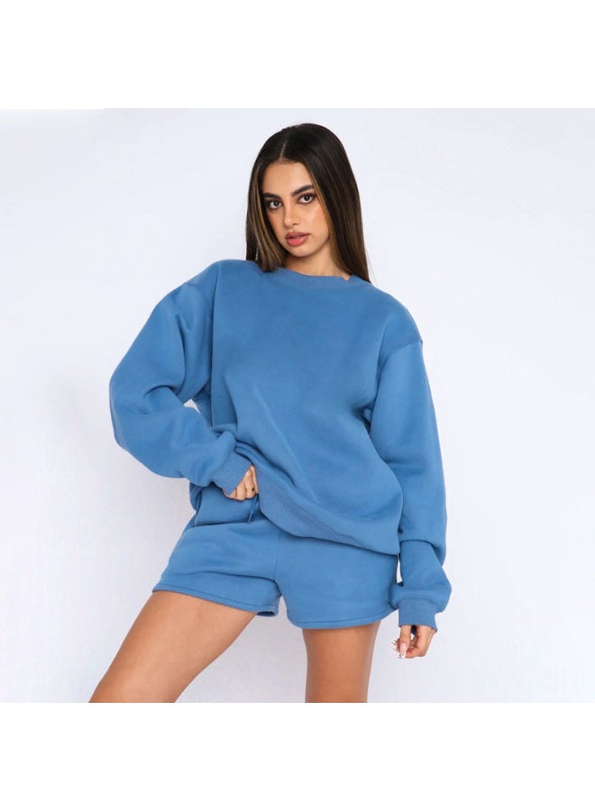 NIBEMINENT Women Suits Casual Fashion Solid O Neck Long Sleeve Sweatshirt High Waist Shorts  Autumn Simple Tracksuit - Image 2
