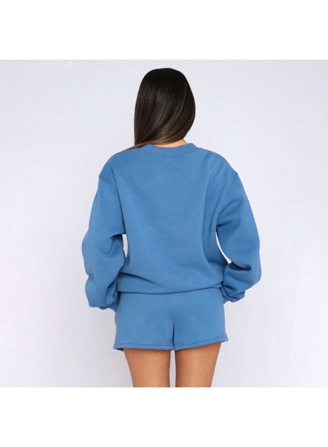 NIBEMINENT Women Suits Casual Fashion Solid O Neck Long Sleeve Sweatshirt High Waist Shorts  Autumn Simple Tracksuit - Image 3