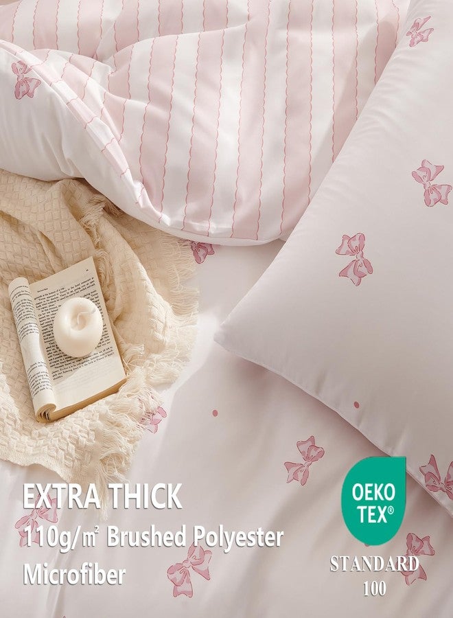 Bildenly Duvet Cover Full Size White Pink Bow Striped Reversible Bedding Set Kids Girls Bowknot Comforter Cover Set Soft Breathable Microfiber Quilt Cover with Zipper Closure and 2 Pillowcases - Image 5