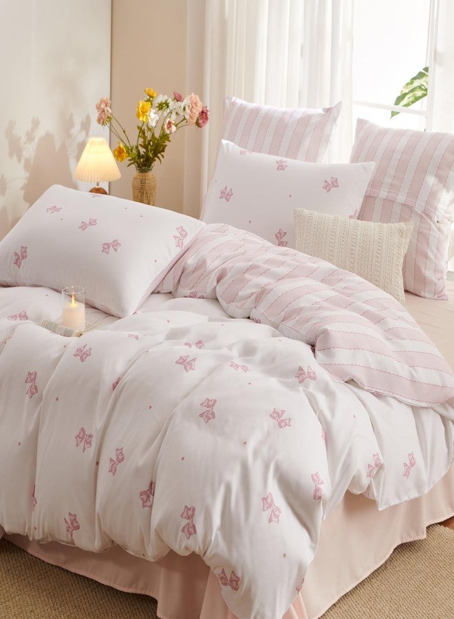 Bildenly Duvet Cover Full Size White Pink Bow Striped Reversible Bedding Set Kids Girls Bowknot Comforter Cover Set Soft Breathable Microfiber Quilt Cover with Zipper Closure and 2 Pillowcases - Image 3
