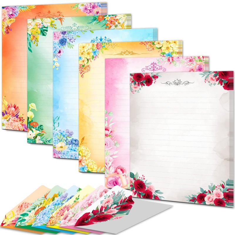Anzon Mories 72 Pieces Cute Stationary Writing Paper and Envelope Set (2 Sides Colored, 1 Side Lined) 48 Sheets, 24 Pcs Envelopes, Flower Letter Stationery Floral Decoration (Inches, 5.5 x 7.5) - Image 1