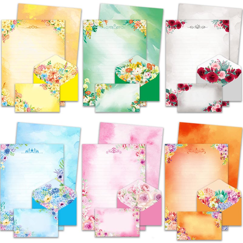 Anzon Mories 72 Pieces Cute Stationary Writing Paper and Envelope Set (2 Sides Colored, 1 Side Lined) 48 Sheets, 24 Pcs Envelopes, Flower Letter Stationery Floral Decoration (Inches, 5.5 x 7.5) - Image 2