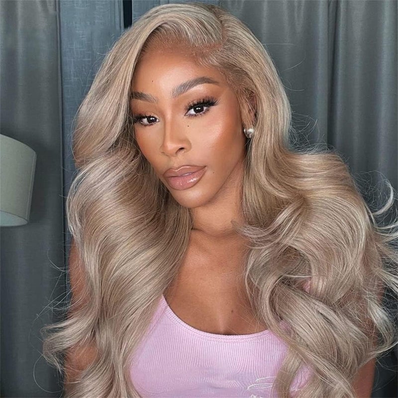 RINA Ash Blonde with Silver Gray Highlight Lace Front Wig Human Hair 180% Density 13x4 Body Wave Mini Knots HD Invisible Lace Wig for Women Glueless Milk Tea Brown Colored with Silver Blonde Wigs 32 Inch
