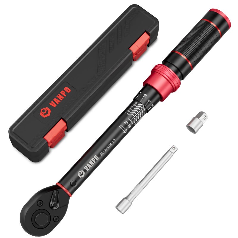 VANPO 14inch Drive Click Torque Wrench 20240 in lb23271 Nm Inch Pound Torque Wrench Set with 14 to 38 Adapter 10cm Extension Bar Small Bike Torque Wrench for MTB Bicycle Maintenance
