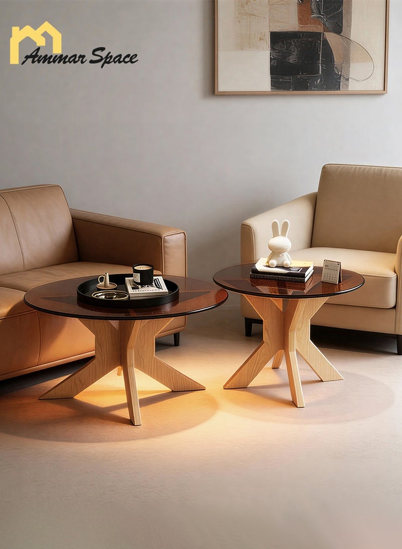 Ammar Space Glass Top Coffee Table Set of 2, Modern Round Nesting Coffee Tables with Wooden Legs, Living Room Center Table Set, Side Tables for Home, Apartment & Office - Image 2