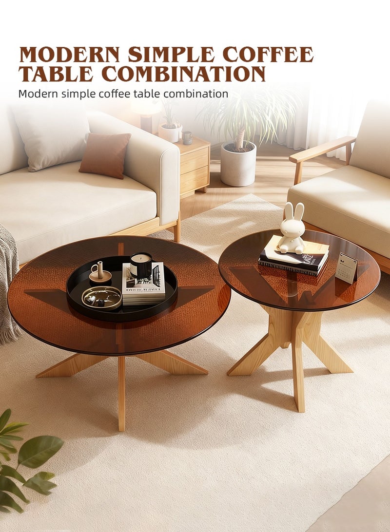 Ammar Space Glass Top Coffee Table Set of 2, Modern Round Nesting Coffee Tables with Wooden Legs, Living Room Center Table Set, Side Tables for Home, Apartment & Office - Image 4