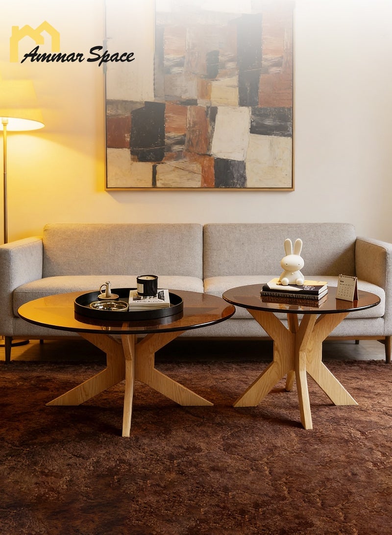 Ammar Space Glass Top Coffee Table Set of 2, Modern Round Nesting Coffee Tables with Wooden Legs, Living Room Center Table Set, Side Tables for Home, Apartment & Office - Image 1