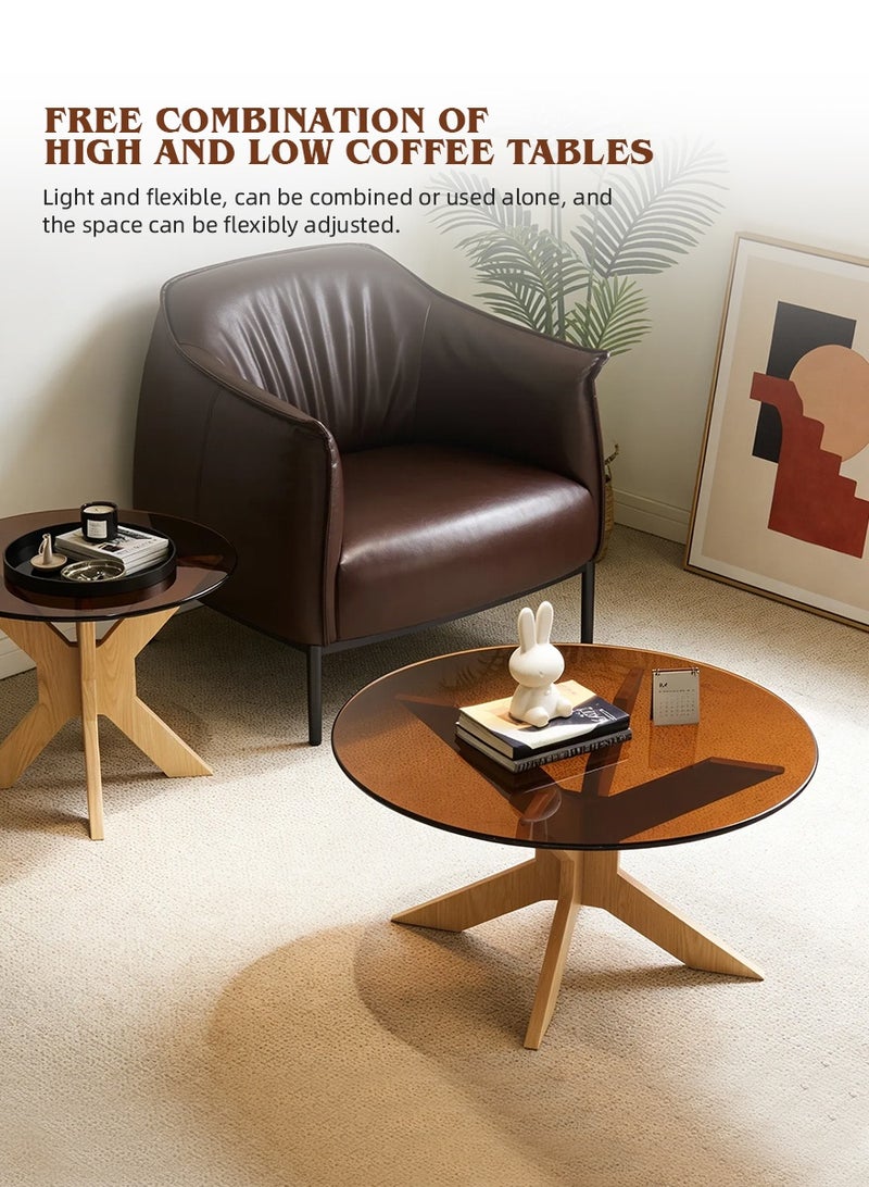 Ammar Space Glass Top Coffee Table Set of 2, Modern Round Nesting Coffee Tables with Wooden Legs, Living Room Center Table Set, Side Tables for Home, Apartment & Office - Image 5