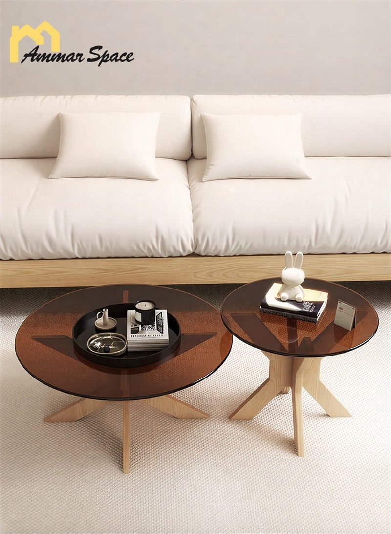 Ammar Space Glass Top Coffee Table Set of 2, Modern Round Nesting Coffee Tables with Wooden Legs, Living Room Center Table Set, Side Tables for Home, Apartment & Office - Image 3