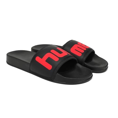 hummel CHUNK MEN SLIDERS Comfortable Cushioned Sole Arch Support Durable Lightweight Flexible Trendy Style Flip flops and Slippers Slides for Men Daily use Chappal - UK 9 Black/Red - Image 1
