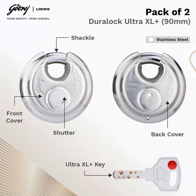 Godrej Locking Solutions and Systems Godrej Ultra XL DuraLock Padlock with 3 Common Keys 90 mm 2 PcsSilver  - Image 2