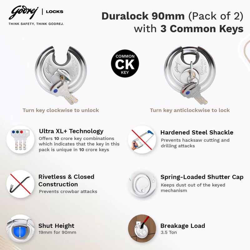 Godrej Locking Solutions and Systems Godrej Ultra XL DuraLock Padlock with 3 Common Keys 90 mm 2 PcsSilver  - Image 3