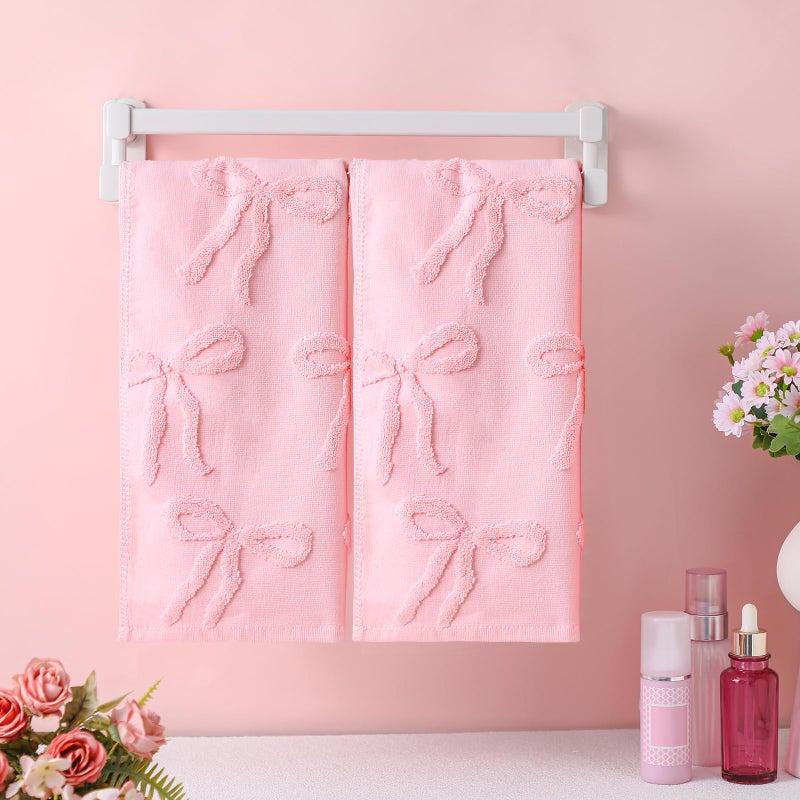 FuWeave 2 Pcs Pink Hand Towels for Bathroom Coquette Bow Hand Towels 100% Cotton Absorbent Decorative Jacquard Weave Bath Decor Preppy Bathroom Decor Gift, 13.7 x 29.5 Inch - Image 3