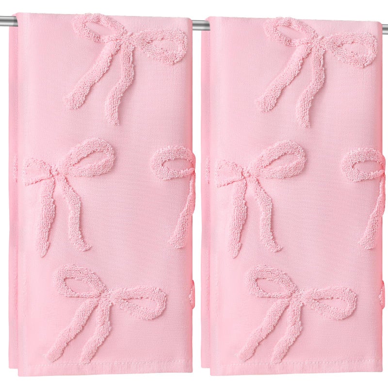 FuWeave 2 Pcs Pink Hand Towels for Bathroom Coquette Bow Hand Towels 100% Cotton Absorbent Decorative Jacquard Weave Bath Decor Preppy Bathroom Decor Gift, 13.7 x 29.5 Inch - Image 1