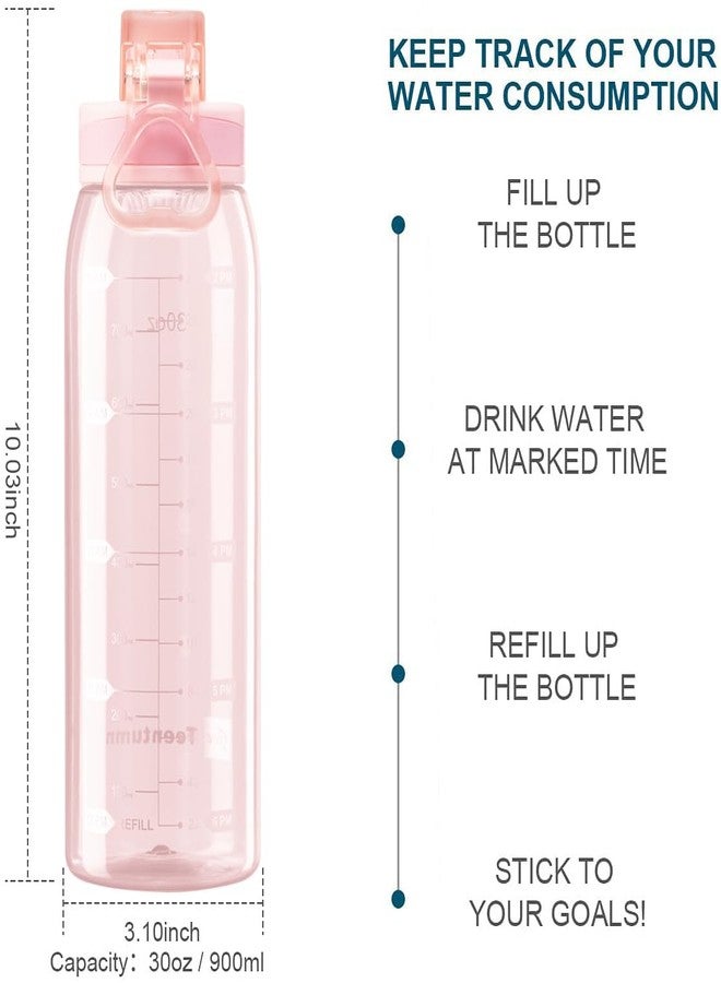 Teentumn Water Bottle BPA Free Tritan with Time Markers, 30oz Large Durable Gym Plastic Bottle for Fitness, Outdoor Enthusiasts, Leakproof Clear Pink (Pack of 1) - Image 2
