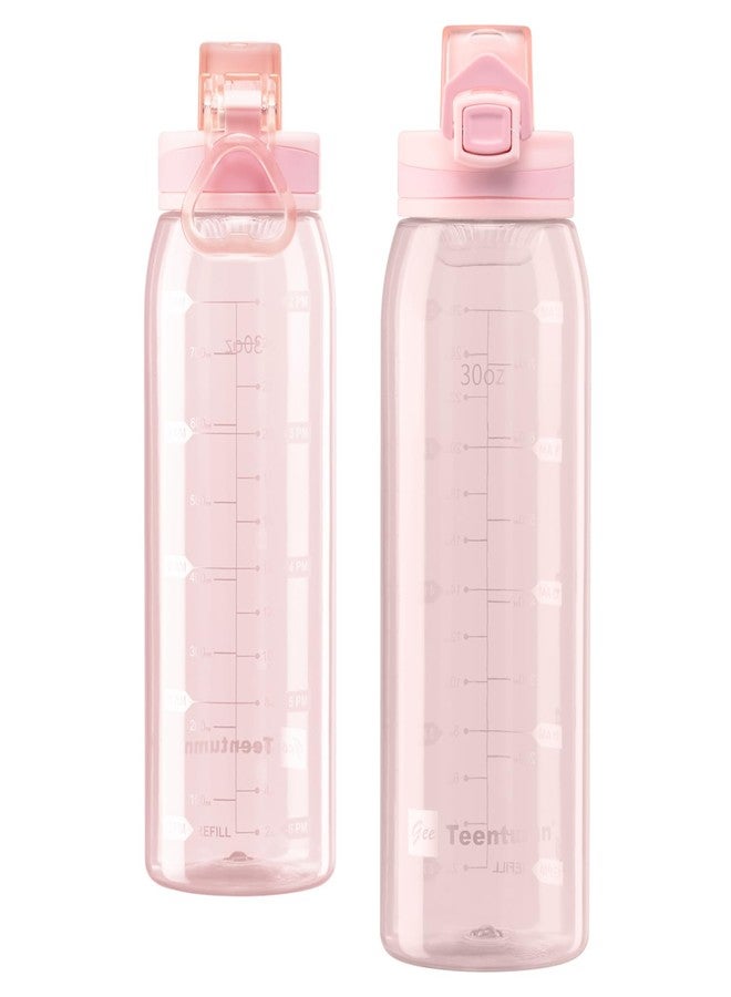 Teentumn Water Bottle BPA Free Tritan with Time Markers, 30oz Large Durable Gym Plastic Bottle for Fitness, Outdoor Enthusiasts, Leakproof Clear Pink (Pack of 1) - Image 4