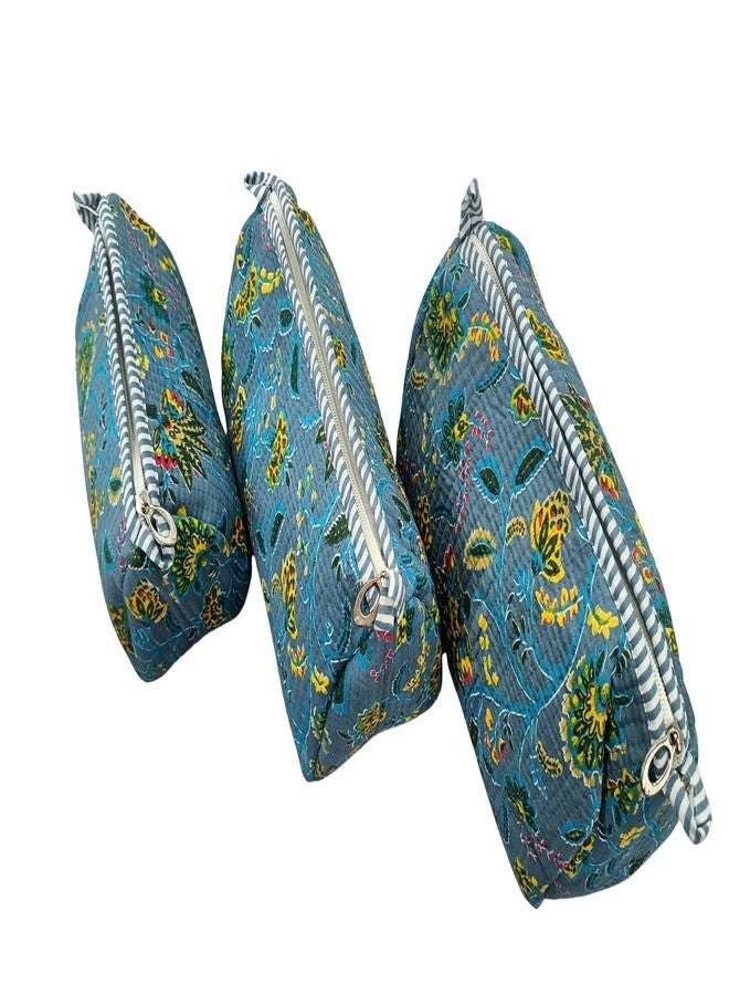 Doraya Hand Block Printed Cotton Quilted Floral Toiletry Bag 3 Piece Combo Set Waterproof Traveller Cosmetic Bags (Blue 1) - Image 2