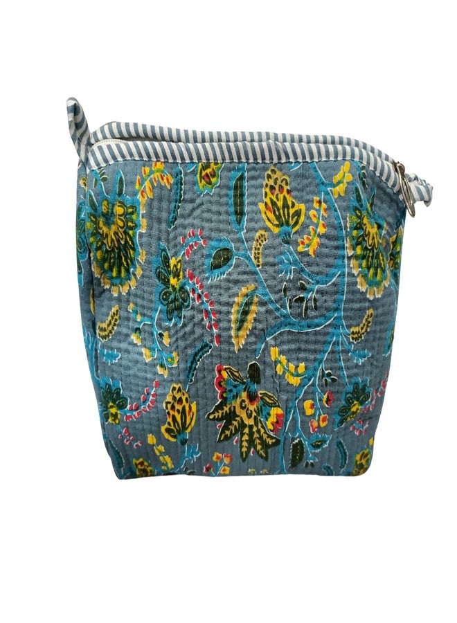 Doraya Hand Block Printed Cotton Quilted Floral Toiletry Bag 3 Piece Combo Set Waterproof Traveller Cosmetic Bags (Blue 1) - Image 3