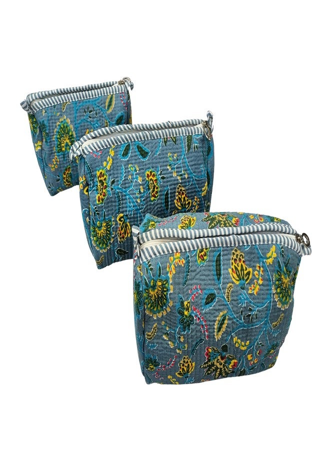Doraya Hand Block Printed Cotton Quilted Floral Toiletry Bag 3 Piece Combo Set Waterproof Traveller Cosmetic Bags (Blue 1) - Image 1