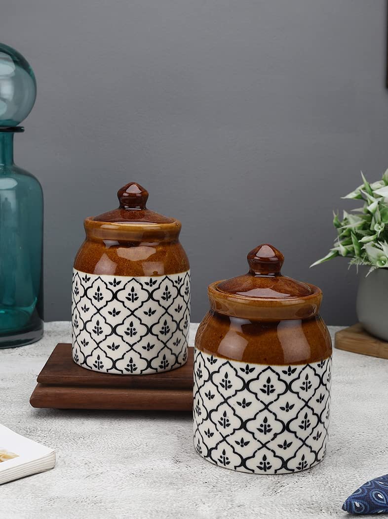 miah decor Ceramic Jars For Kitchen Storage with Lid Handpainted Tea Coffee Sugar Pickle Spices Stoneware Canister Food Storage Jar-Pack of 2 | Microwave & Dishwasher Safe, Blue - Image 1