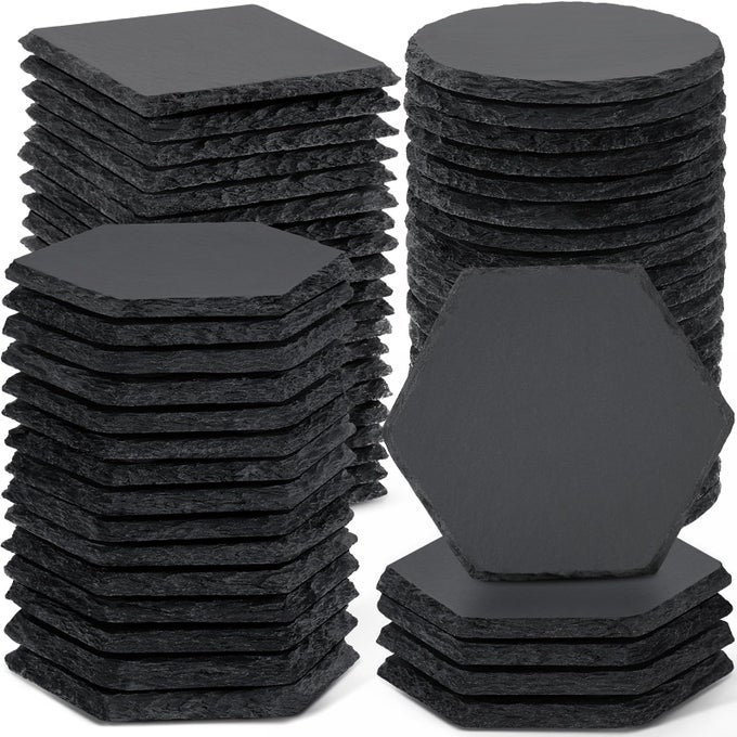 60 PCS Slate Coasters Bulk 4 Inch 20PCS Black Square 20PCS Round 20PCS Hexagon Handmade Stone Drink Coasters for Laser Engraving Engravable Blanks Material for Engraver Home Decor Gifts