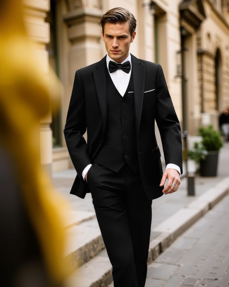 MAGE MALE Men's 3 Pieces Suit Elegant Solid One Button Slim Fit Single Breasted Party Blazer Vest Pants Set. Black - Image 4