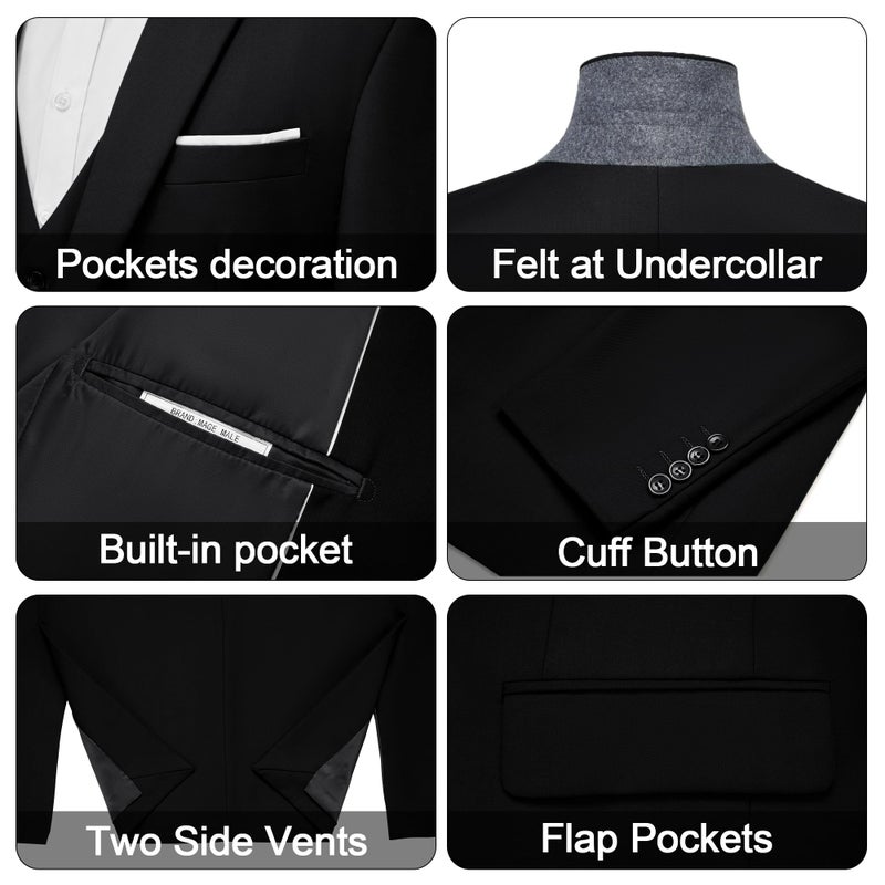 MAGE MALE Men's 3 Pieces Suit Elegant Solid One Button Slim Fit Single Breasted Party Blazer Vest Pants Set. Black - Image 5